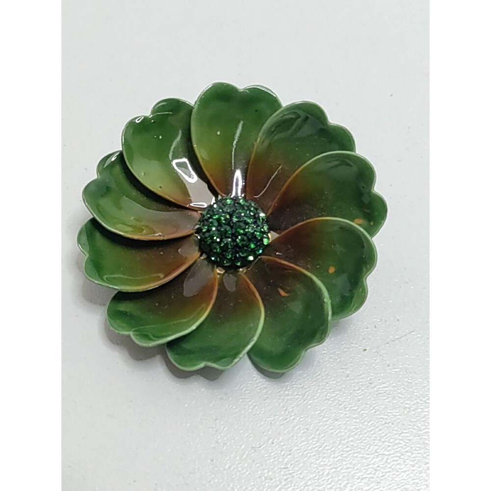 Vintage Green Enamel Brown Rhinestone Flower Brooch Metal